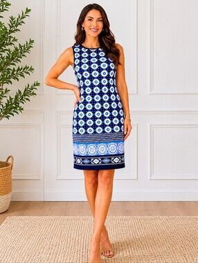 Blue & White Geometric Print Sheath Dress | Sleeveless Summer Dress